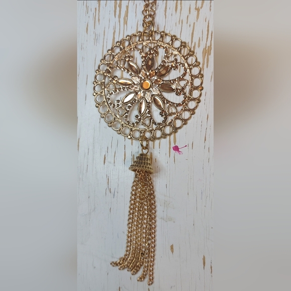 Single Gold Chain Long Necklace with Gold Sun Medallion Pendant & Tassel - Picture 6 of 8